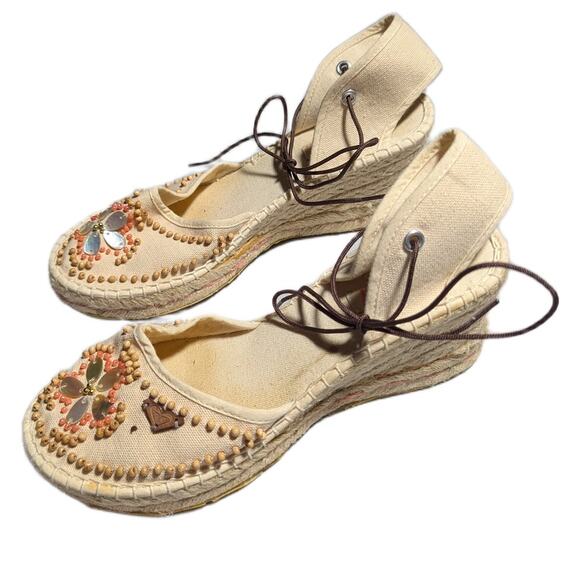 Vtg Y2K Roxy Ivory Canvas Beaded Shell Embellished Espadrille Sandals Sz 7 - Picture 6 of 6